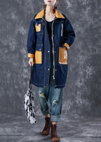 Boho Navy Oversized Patchwork Lommer Denim Coat Yttertøy Høst