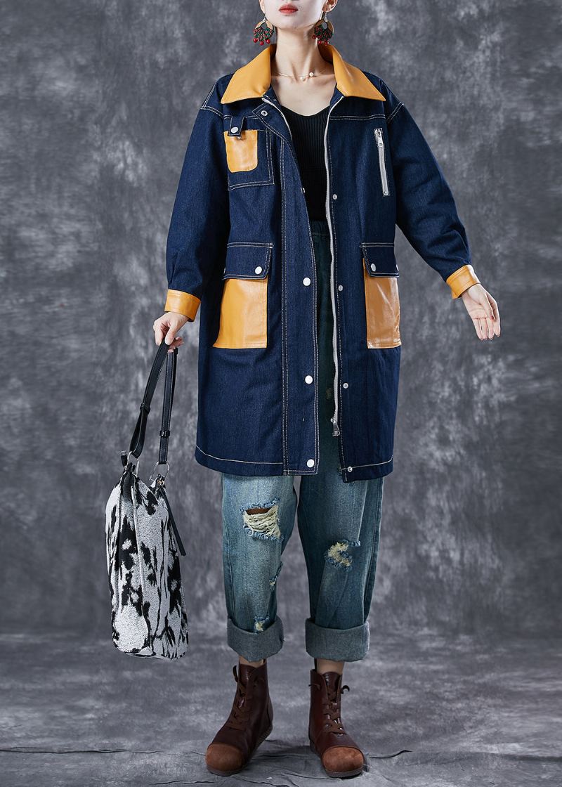 Boho Navy Oversized Patchwork Lommer Denim Coat Yttertøy Høst - Trenchcoats for kvinner