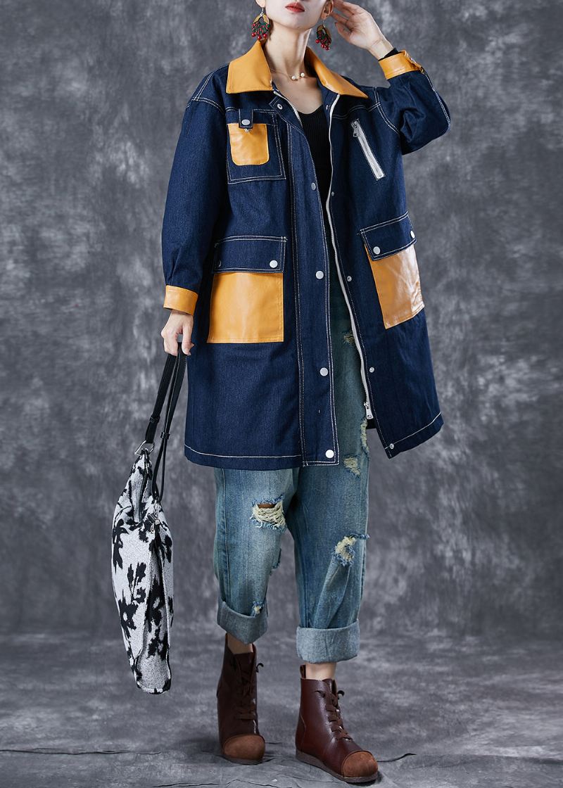 Boho Navy Oversized Patchwork Lommer Denim Coat Yttertøy Høst - Trenchcoats for kvinner