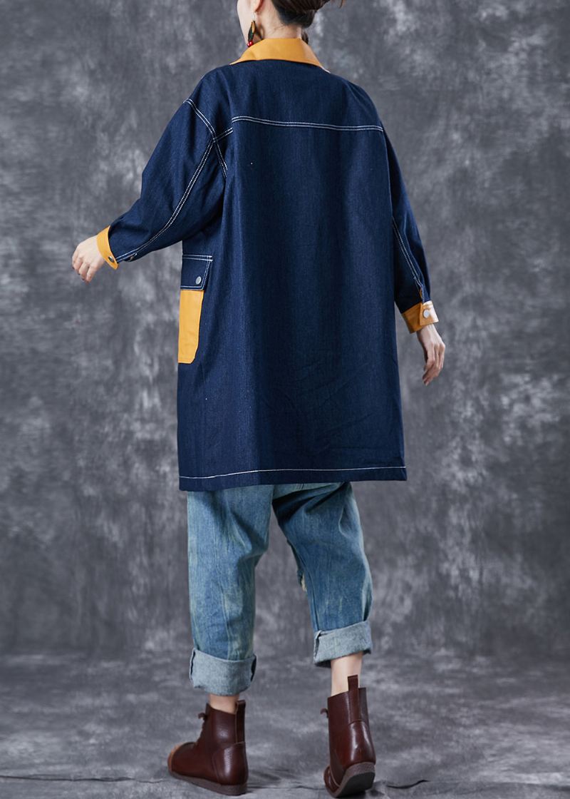 Boho Navy Oversized Patchwork Lommer Denim Coat Yttertøy Høst - Trenchcoats for kvinner