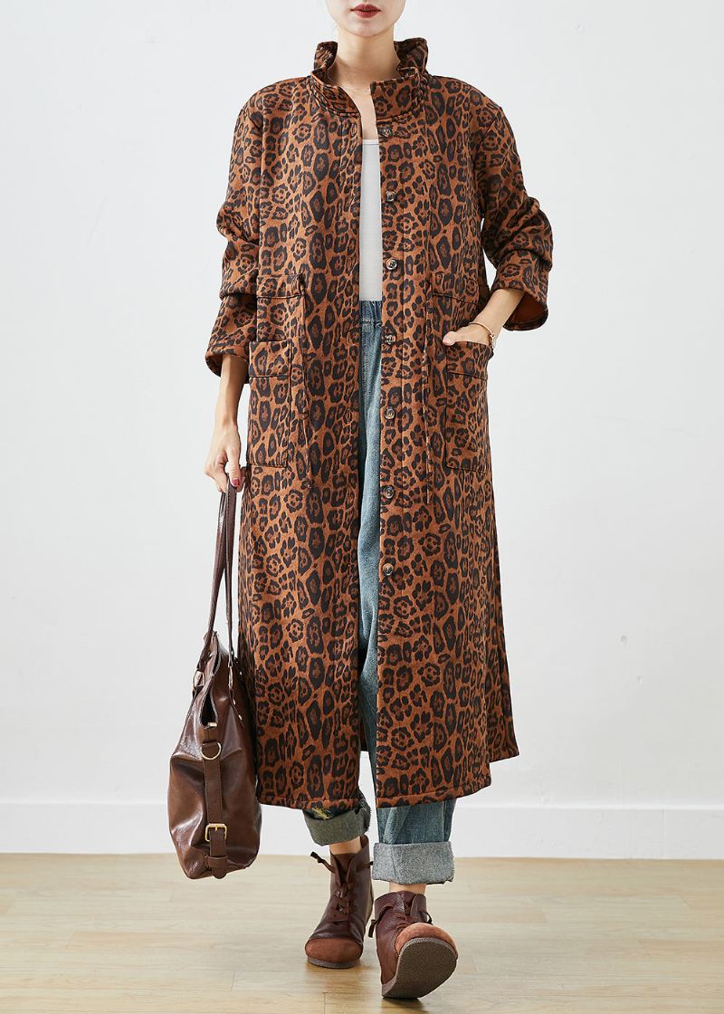 Boho Oversized Leopard Print Trench Coats I Bomull Høst - Trenchcoats for kvinner