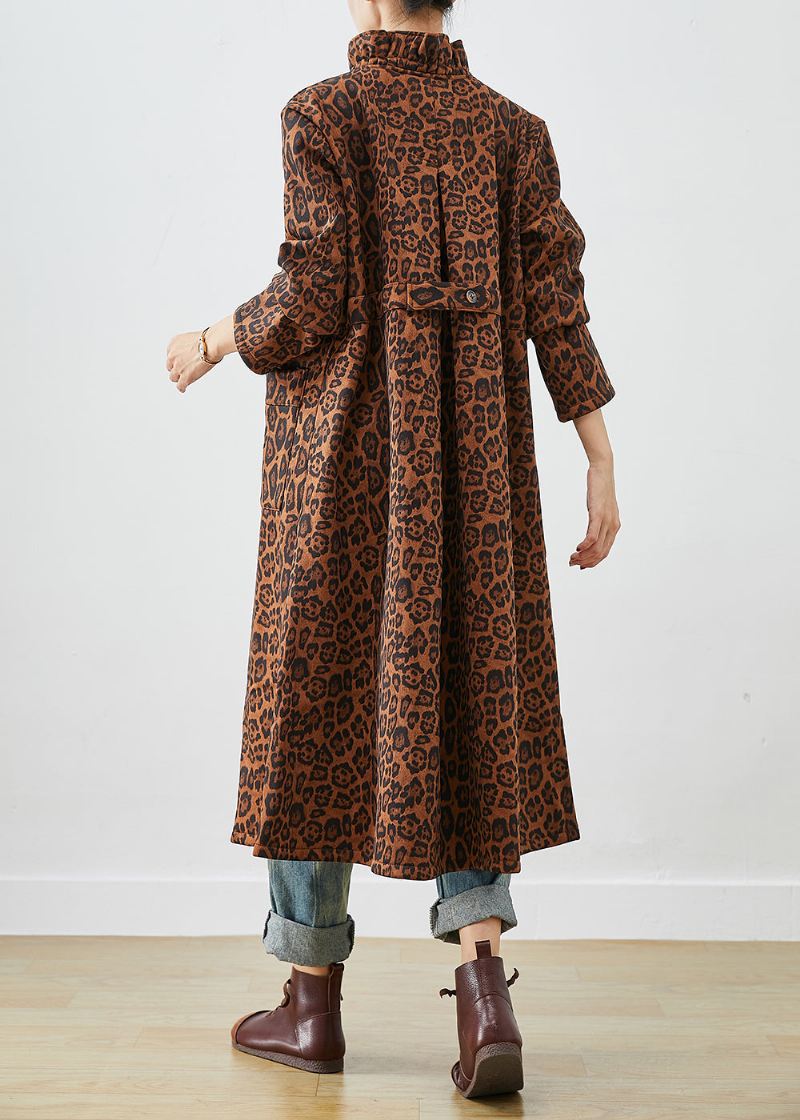 Boho Oversized Leopard Print Trench Coats I Bomull Høst - Trenchcoats for kvinner