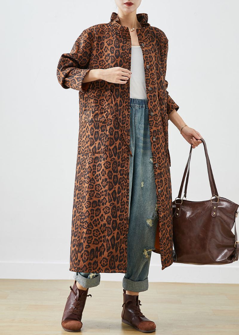 Boho Oversized Leopard Print Trench Coats I Bomull Høst - Trenchcoats for kvinner