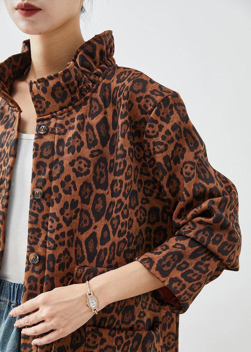 Boho Oversized Leopard Print Trench Coats I Bomull Høst - Trenchcoats for kvinner