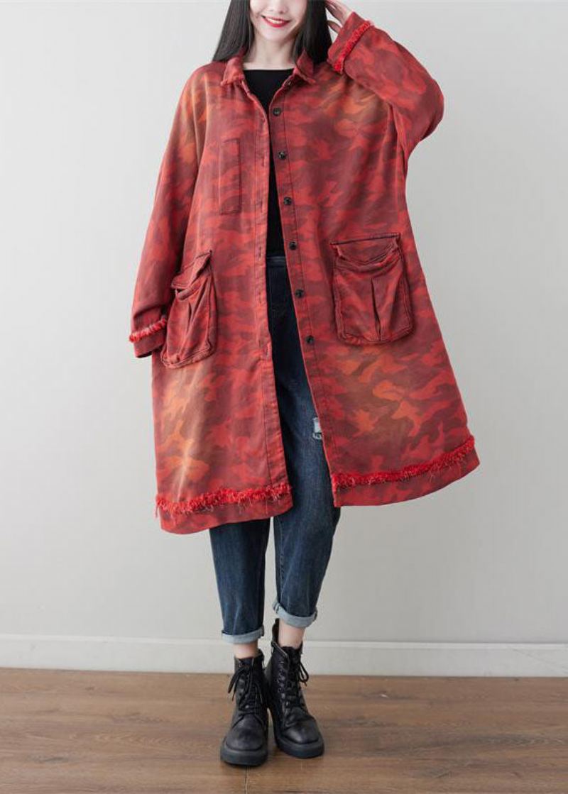 Boho Red Oversized Patchwork Lommer Cotton Trench Spring