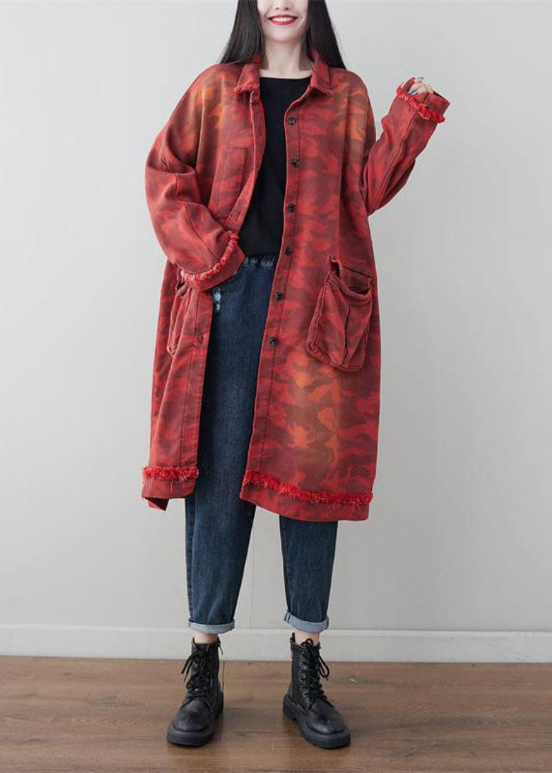 Boho Red Oversized Patchwork Lommer Cotton Trench Spring - Trenchcoats for kvinner