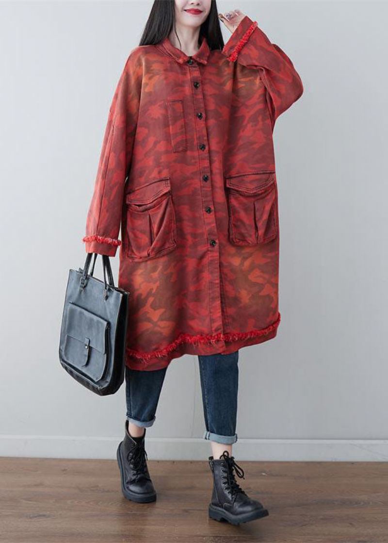 Boho Red Oversized Patchwork Lommer Cotton Trench Spring - Trenchcoats for kvinner