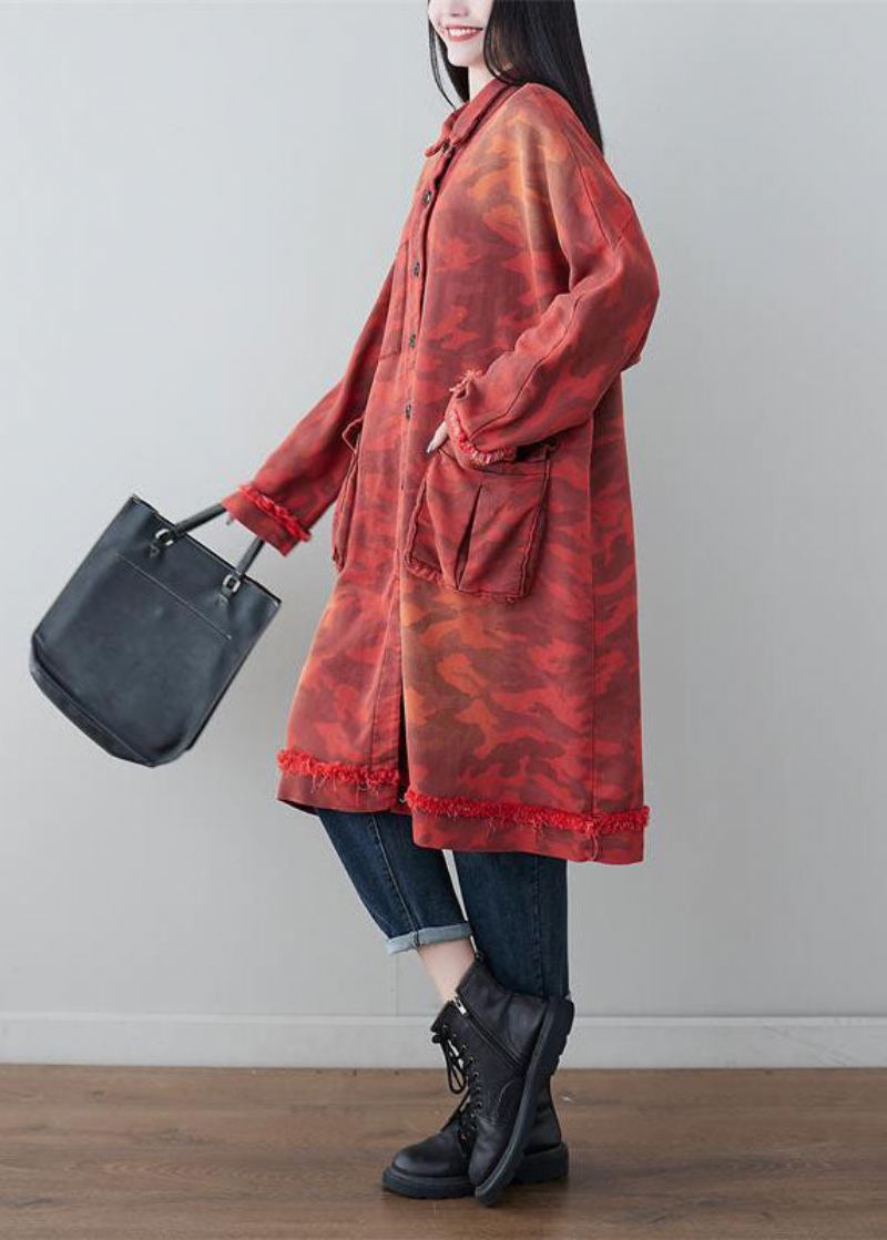 Boho Red Oversized Patchwork Lommer Cotton Trench Spring - Trenchcoats for kvinner