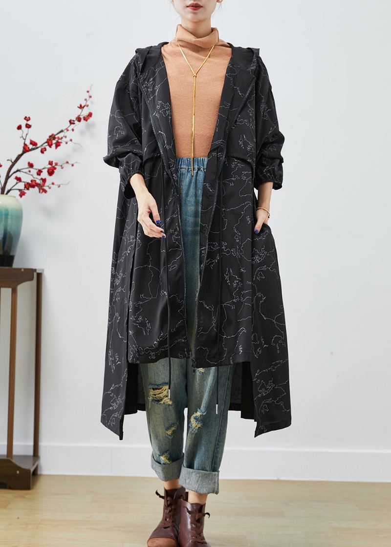 Boho Svart Asymmetrisk Print Snøring Spandex Trench Coats Høst