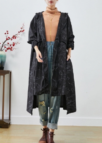 Boho Svart Asymmetrisk Print Snøring Spandex Trench Coats Høst