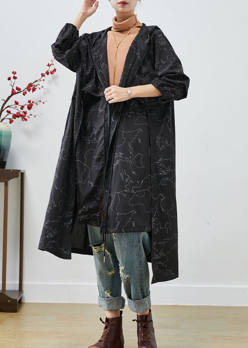 Boho Svart Asymmetrisk Print Snøring Spandex Trench Coats Høst - Trenchcoats for kvinner