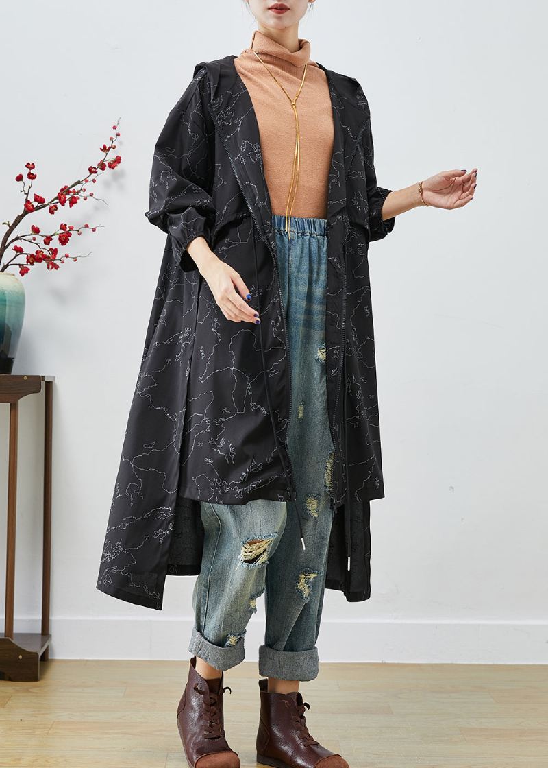 Boho Svart Asymmetrisk Print Snøring Spandex Trench Coats Høst - Trenchcoats for kvinner