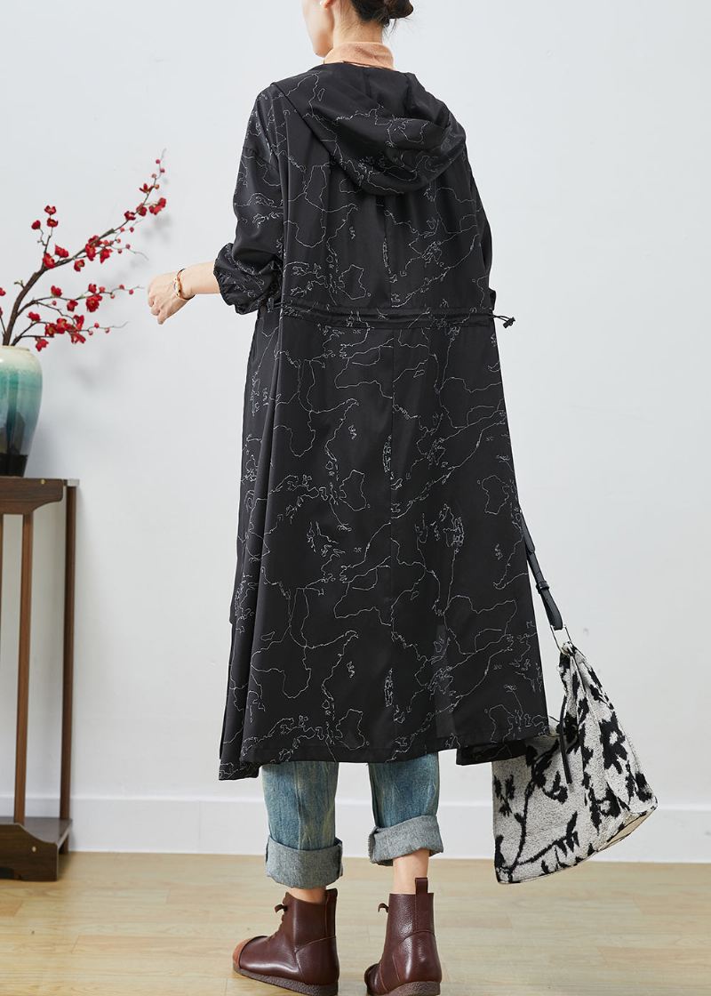 Boho Svart Asymmetrisk Print Snøring Spandex Trench Coats Høst - Trenchcoats for kvinner