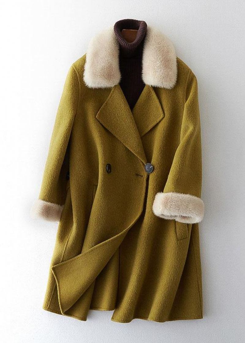 Boutique Beige Ullkåper Oversize Mellomlange Jakker Pelskrage Frakk Dobbel Bryst - Trenchcoats for kvinner