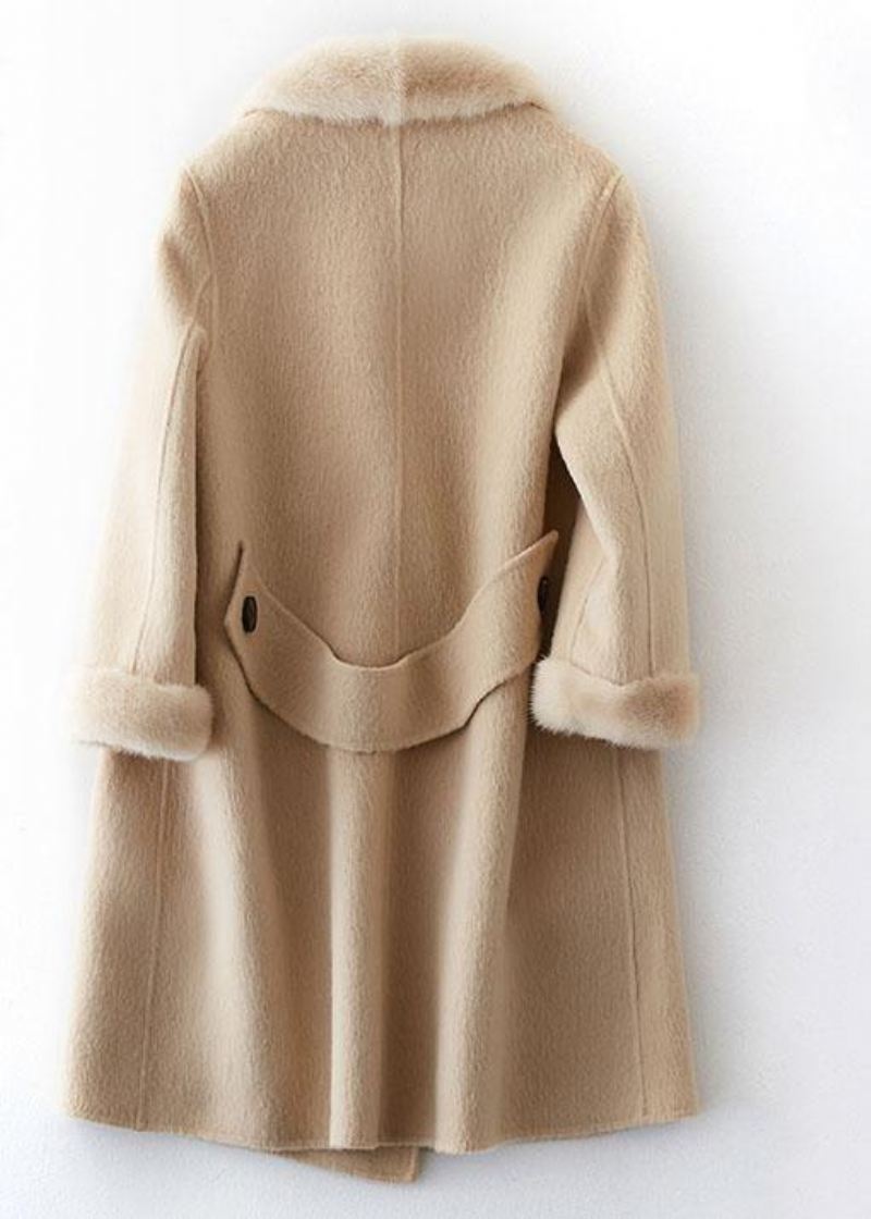 Boutique Beige Ullkåper Oversize Mellomlange Jakker Pelskrage Frakk Dobbel Bryst - Trenchcoats for kvinner