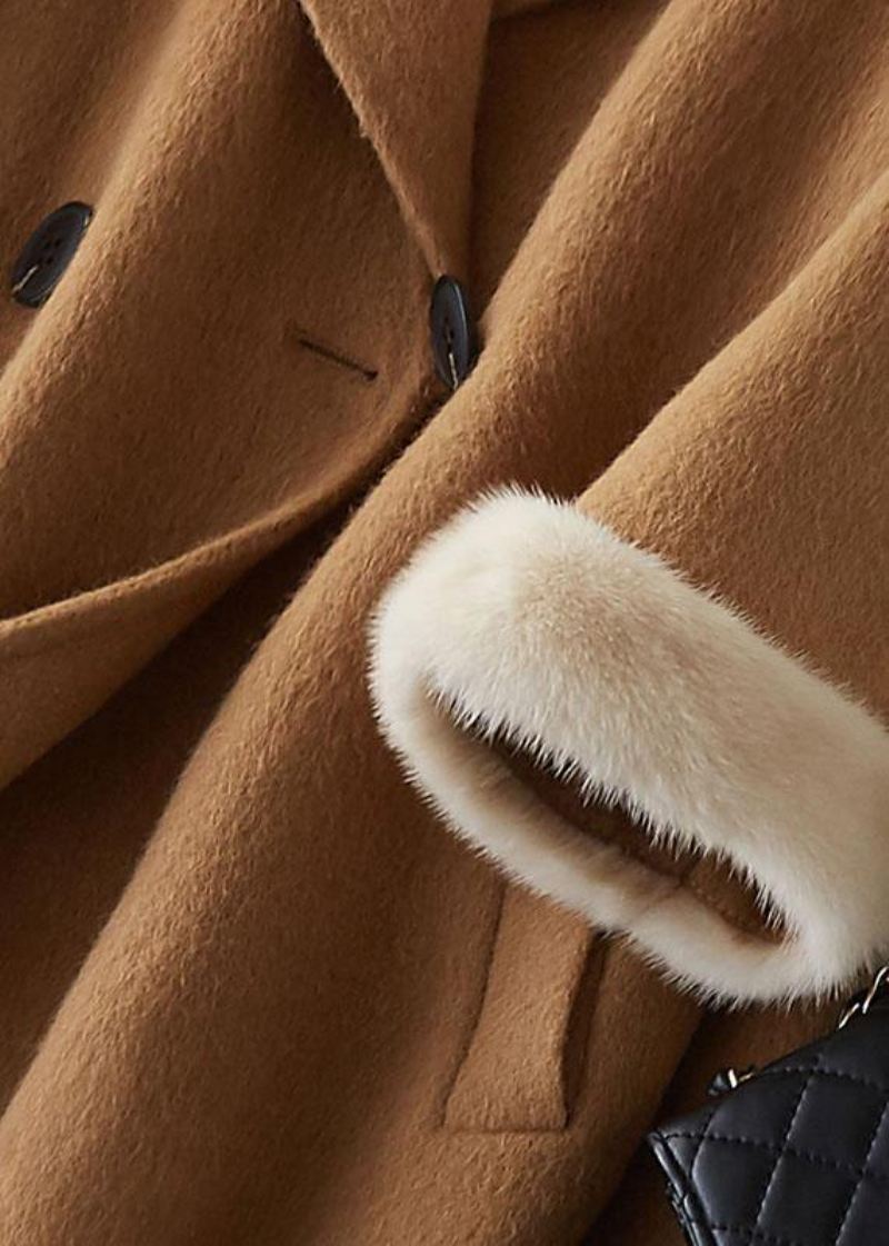 Boutique Beige Ullkåper Oversize Mellomlange Jakker Pelskrage Frakk Dobbel Bryst - Trenchcoats for kvinner