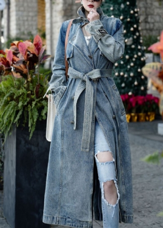 Boutique Blå Lommer Tie Midje Patchwork Denim Trench Fall