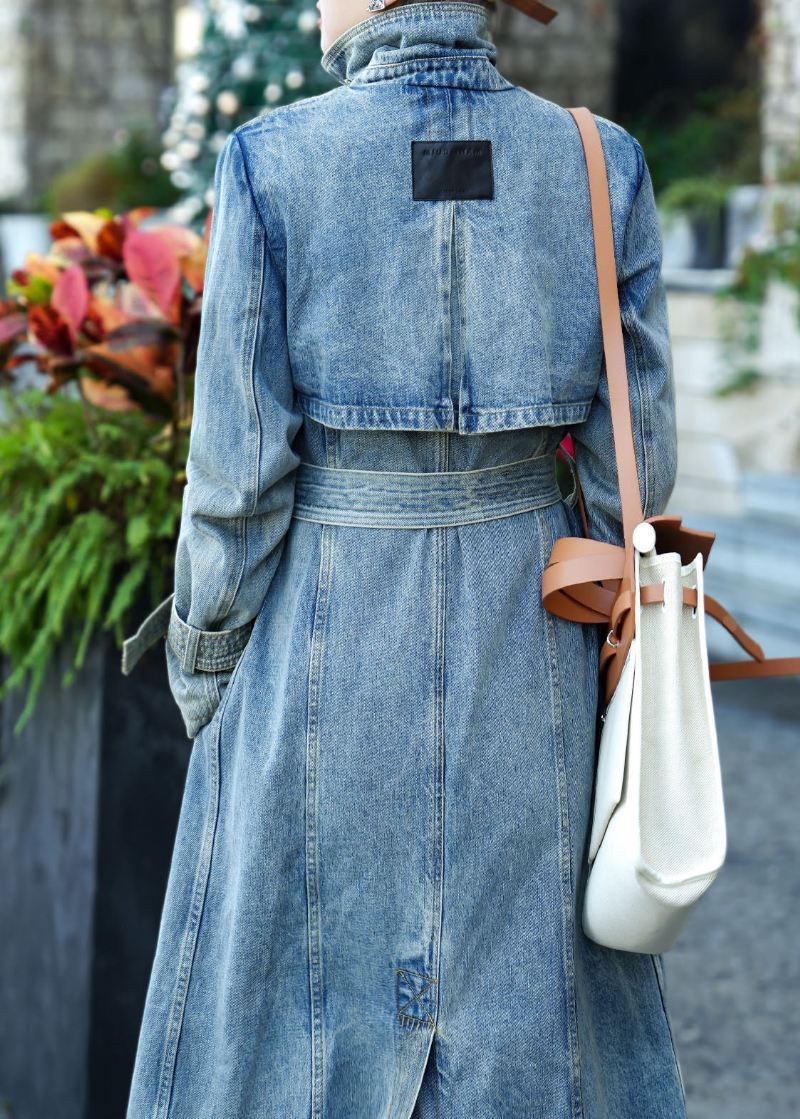 Boutique Blå Lommer Tie Midje Patchwork Denim Trench Fall - Trenchcoats for kvinner