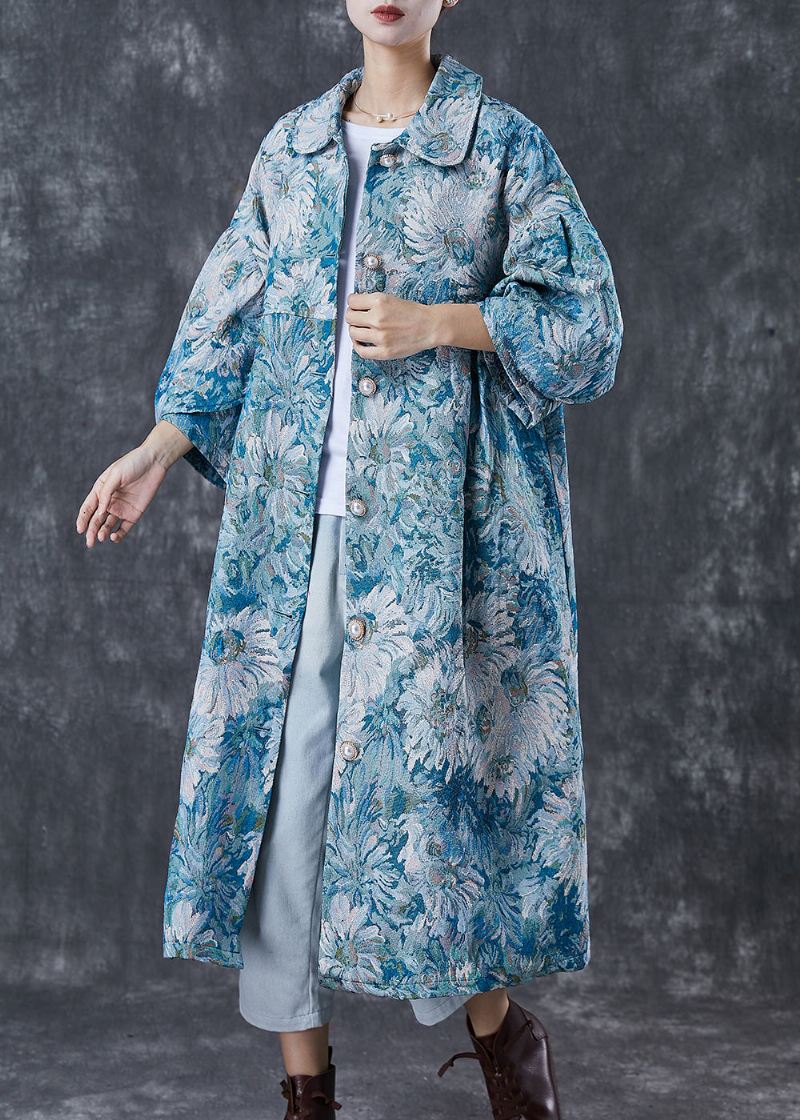 Boutique Blå Overdimensjonert Daisy Print Cotton Trench Coats Spring