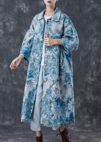 Boutique Blå Overdimensjonert Daisy Print Cotton Trench Coats Spring