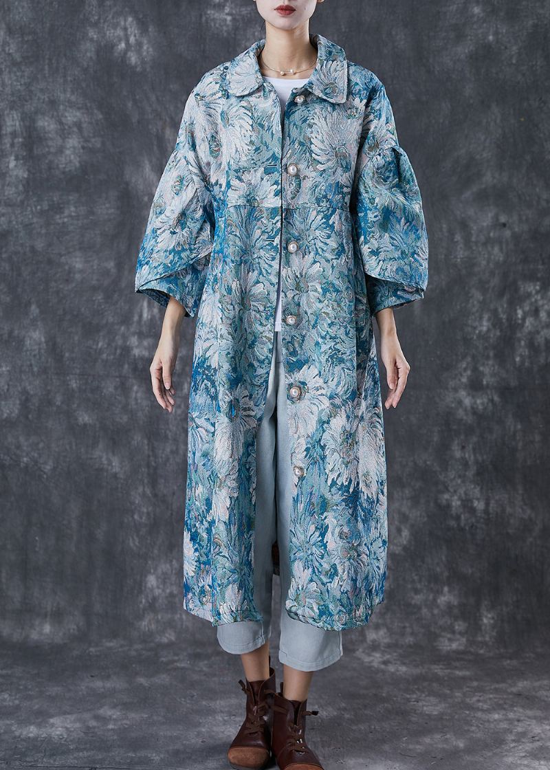 Boutique Blå Overdimensjonert Daisy Print Cotton Trench Coats Spring - Trenchcoats for kvinner