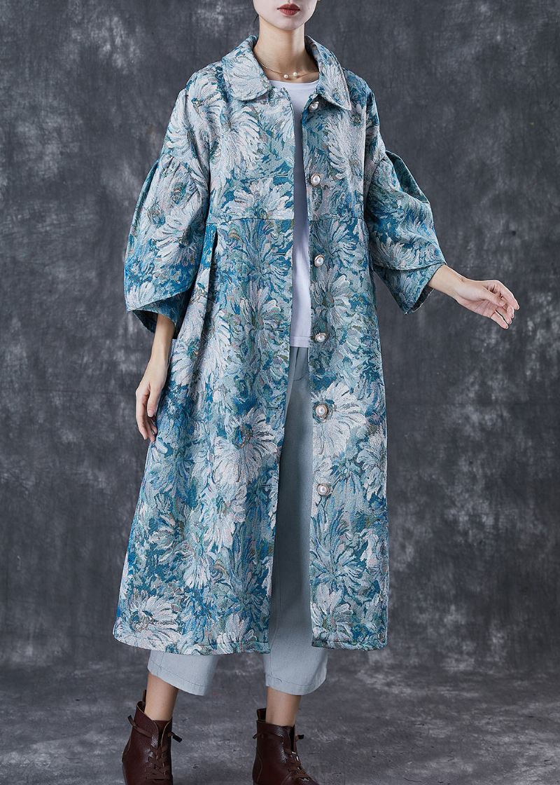 Boutique Blå Overdimensjonert Daisy Print Cotton Trench Coats Spring - Trenchcoats for kvinner