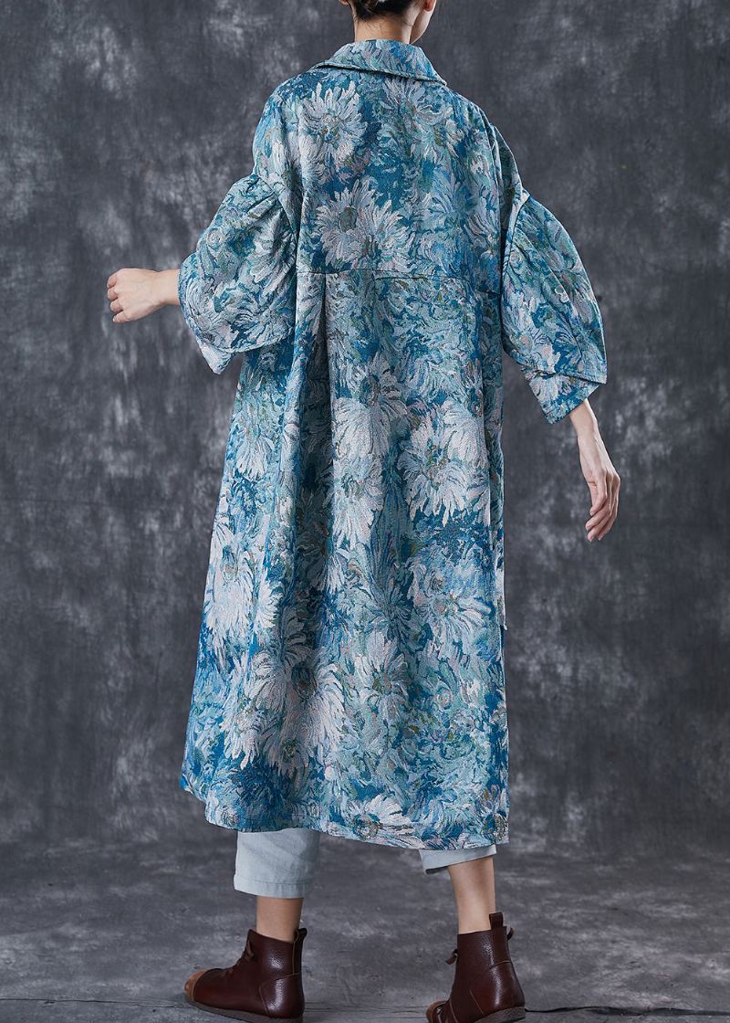 Boutique Blå Overdimensjonert Daisy Print Cotton Trench Coats Spring - Trenchcoats for kvinner