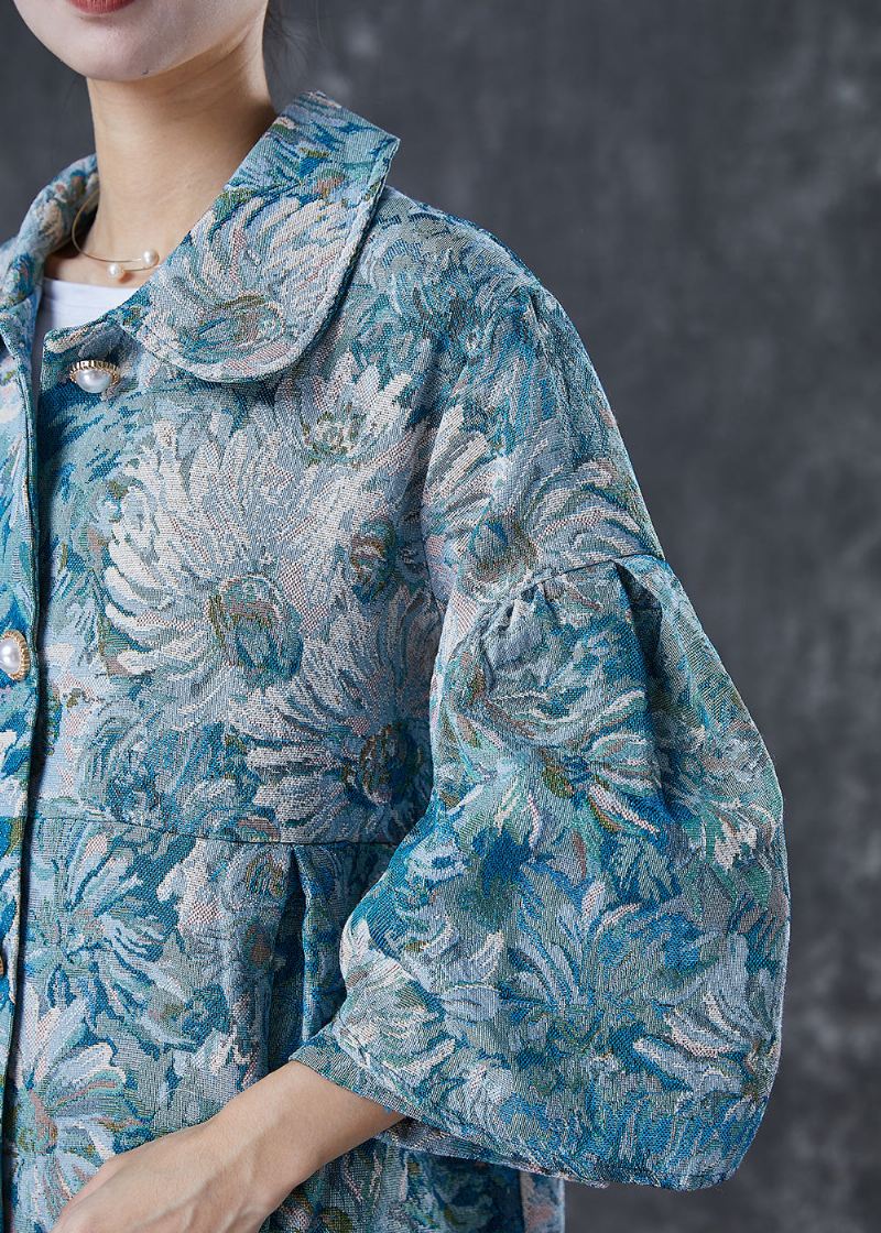 Boutique Blå Overdimensjonert Daisy Print Cotton Trench Coats Spring - Trenchcoats for kvinner