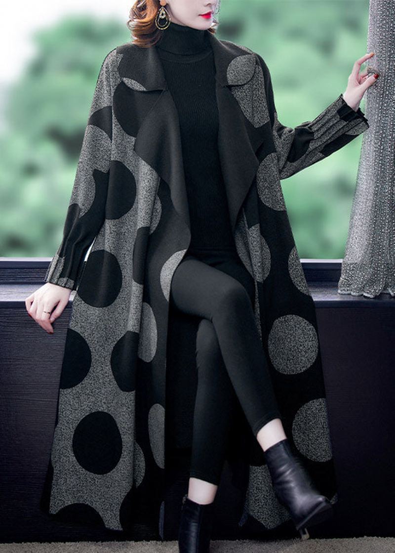 Boutique Black Patchwork Dot Print Loose Fall Langermet Kåpe - Trenchcoats for kvinner