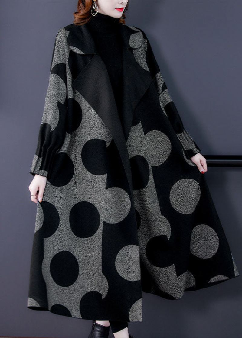 Boutique Black Patchwork Dot Print Loose Fall Langermet Kåpe - Trenchcoats for kvinner