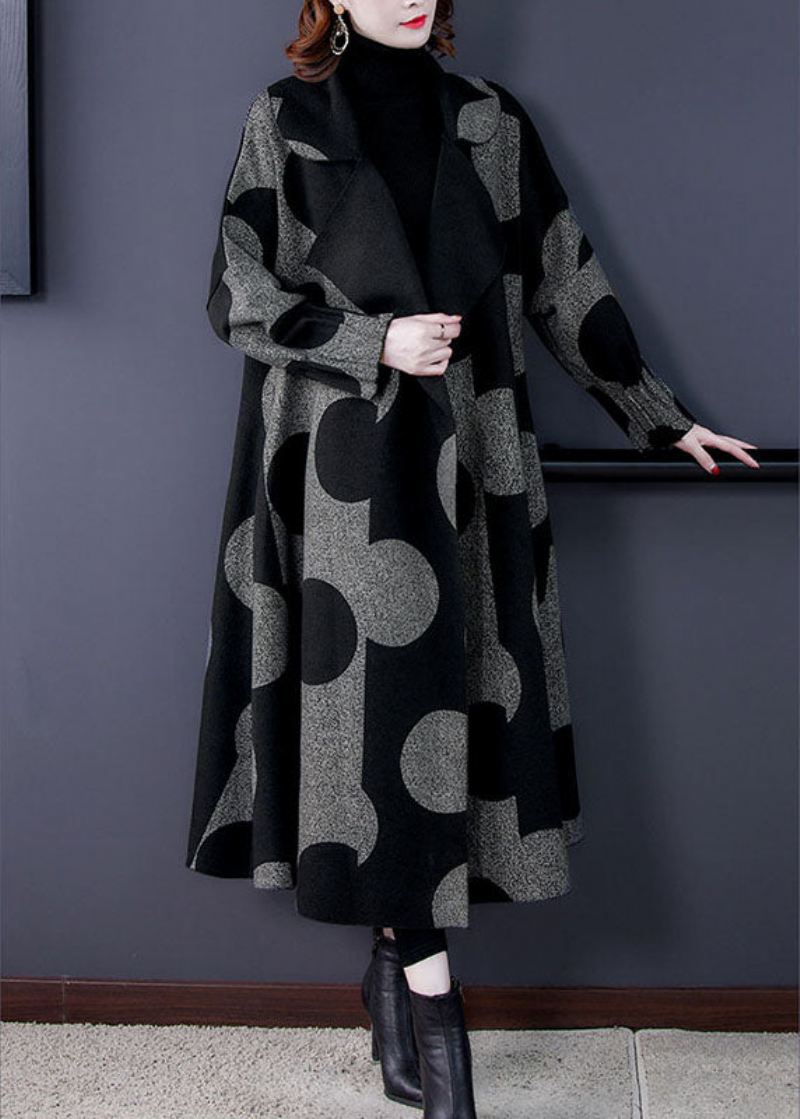 Boutique Black Patchwork Dot Print Loose Fall Langermet Kåpe - Trenchcoats for kvinner