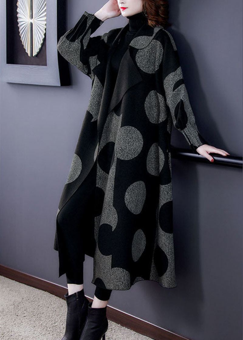 Boutique Black Patchwork Dot Print Loose Fall Langermet Kåpe - Trenchcoats for kvinner