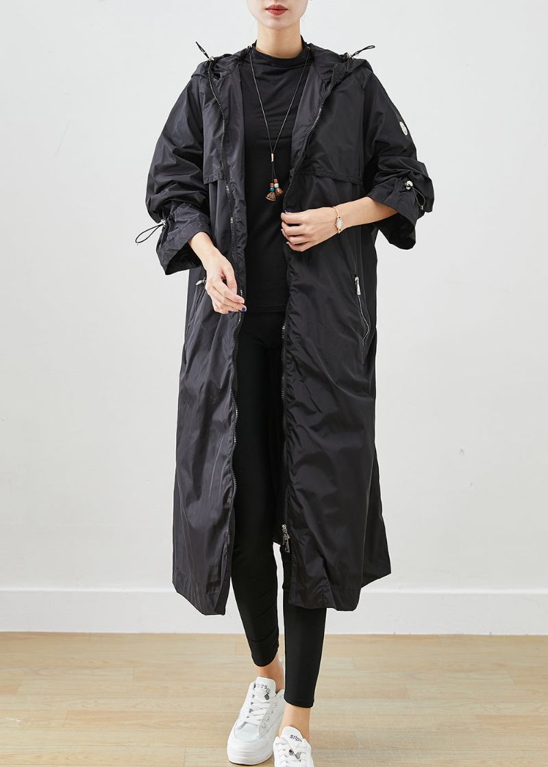 Boutique Black Zip Up Dragstring Spandex Coats Høst - Trenchcoats for kvinner