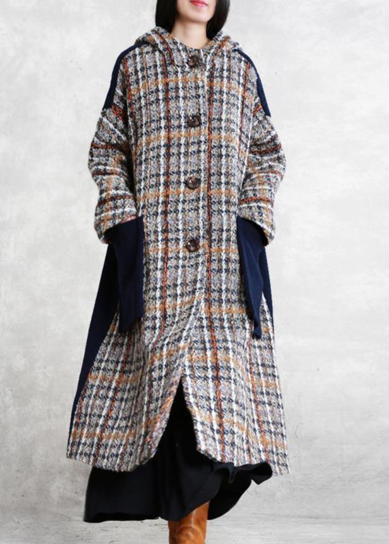 Boutique Casual Lang Vinterfrakk Blå Rutete Patchwork Ullovertrekk Med Hette - Trenchcoats for kvinner