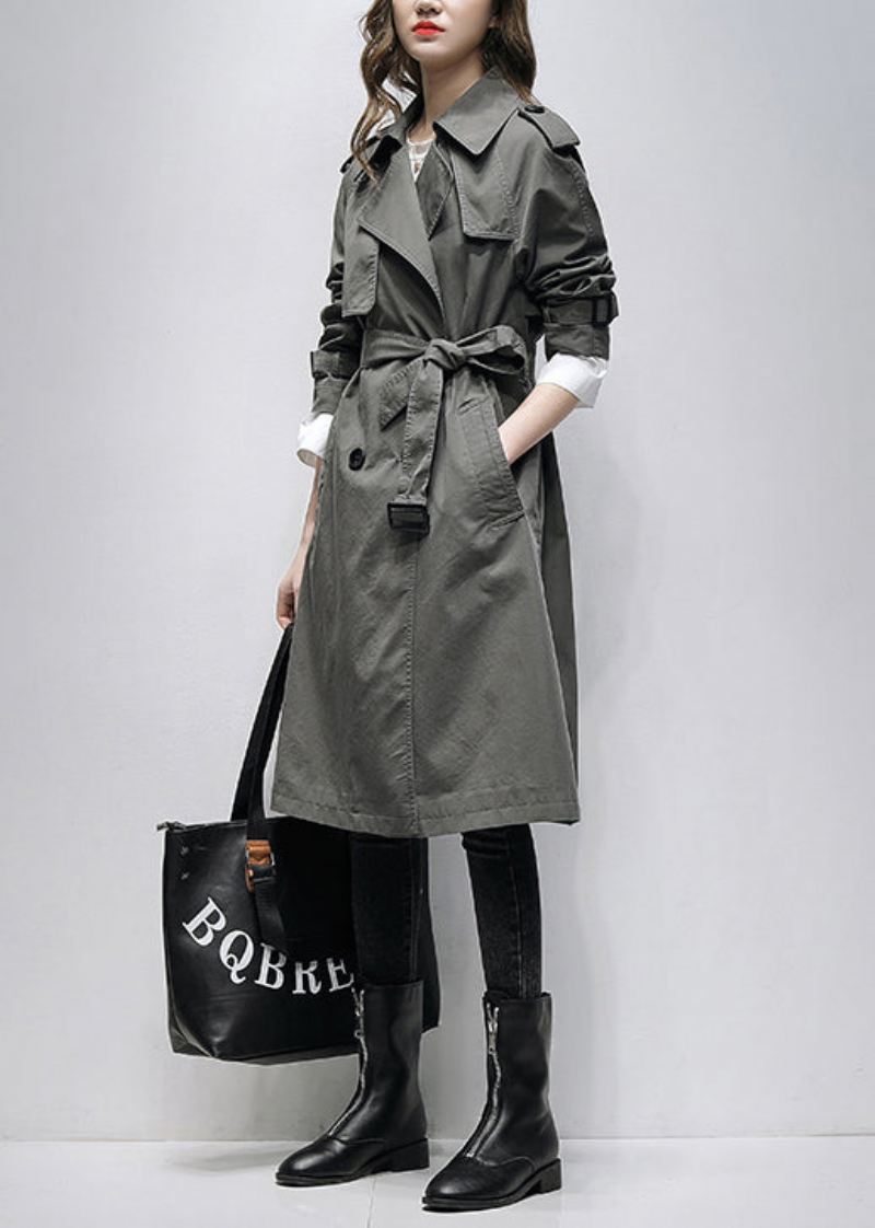 Boutique Grå Hakklommer Tie Midje Cotton Trench Spring - Trenchcoats for kvinner