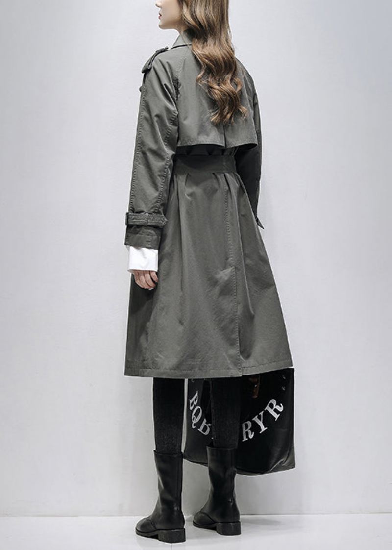 Boutique Grå Hakklommer Tie Midje Cotton Trench Spring - Trenchcoats for kvinner