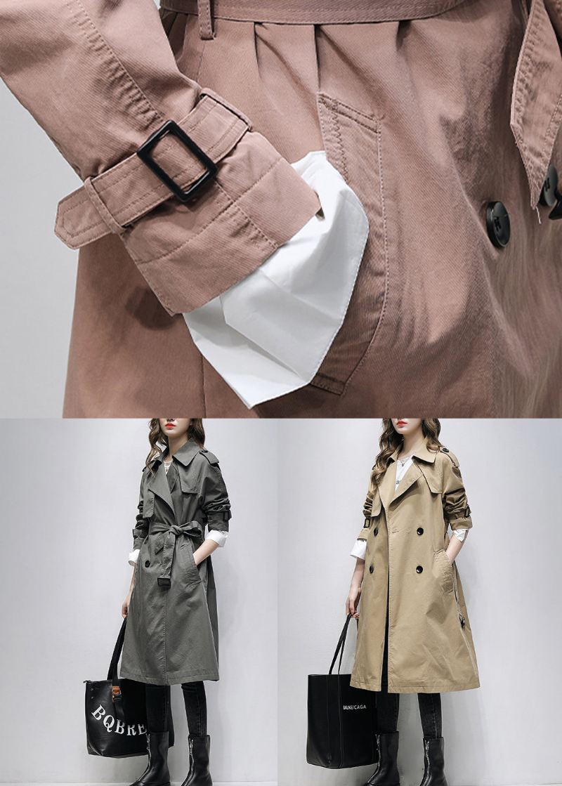 Boutique Grå Hakklommer Tie Midje Cotton Trench Spring - Trenchcoats for kvinner