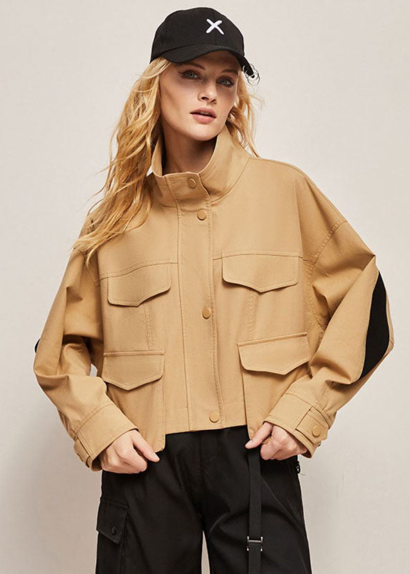 Boutique Khaki Stand Collar Oversized Patchwork Bomullsjakke Vår