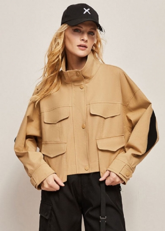 Boutique Khaki Stand Collar Oversized Patchwork Bomullsjakke Vår