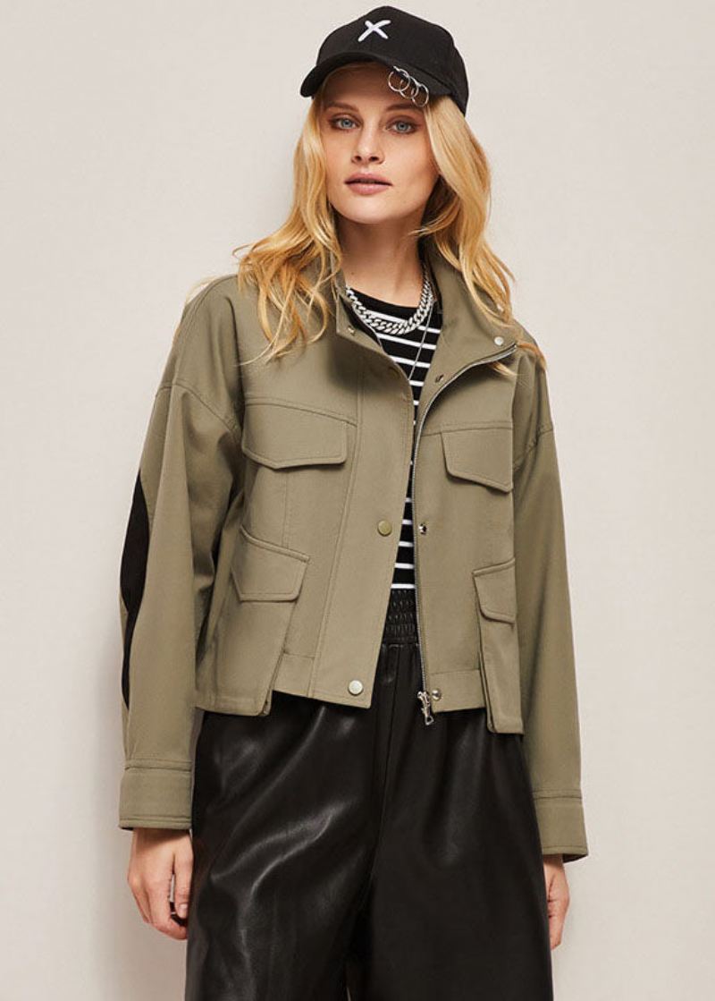 Boutique Khaki Stand Collar Oversized Patchwork Bomullsjakke Vår - Khaki