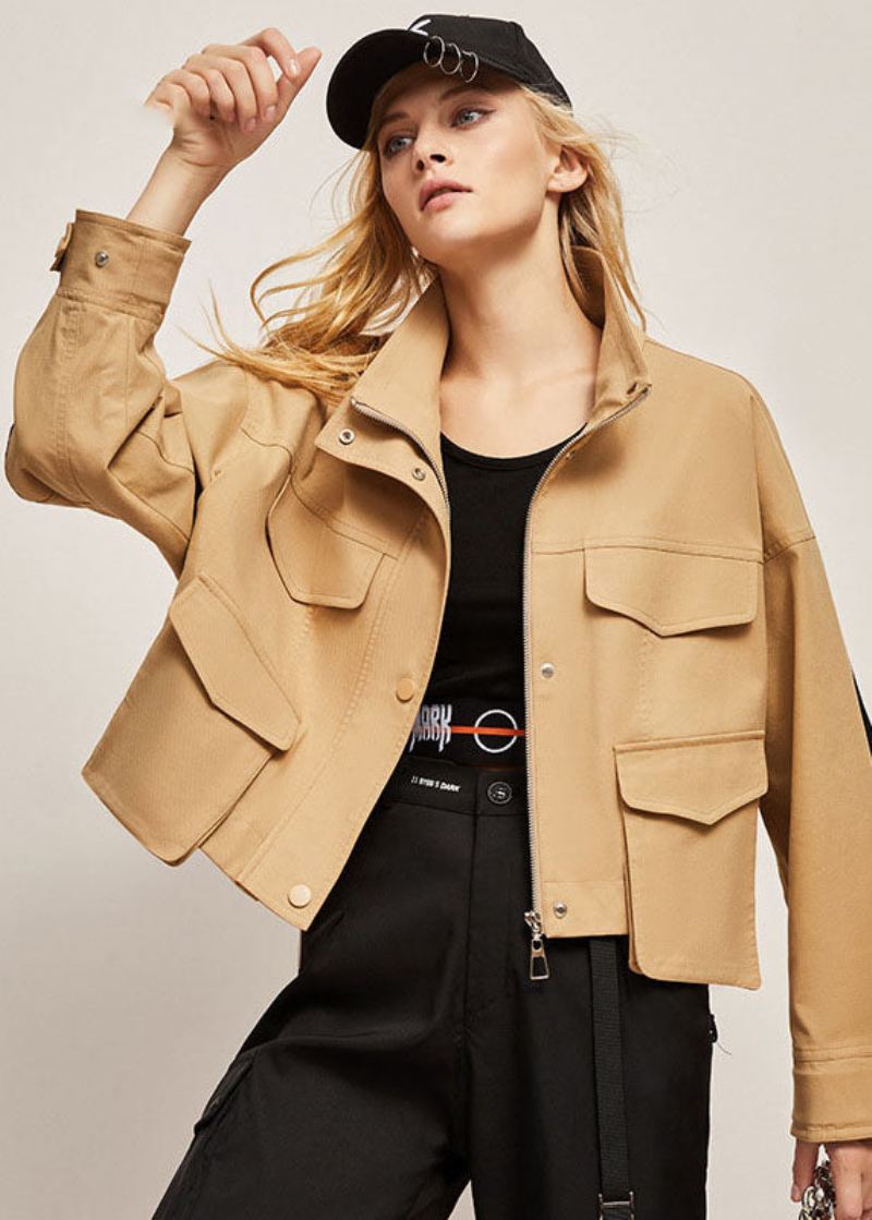 Boutique Khaki Stand Collar Oversized Patchwork Bomullsjakke Vår - Khaki