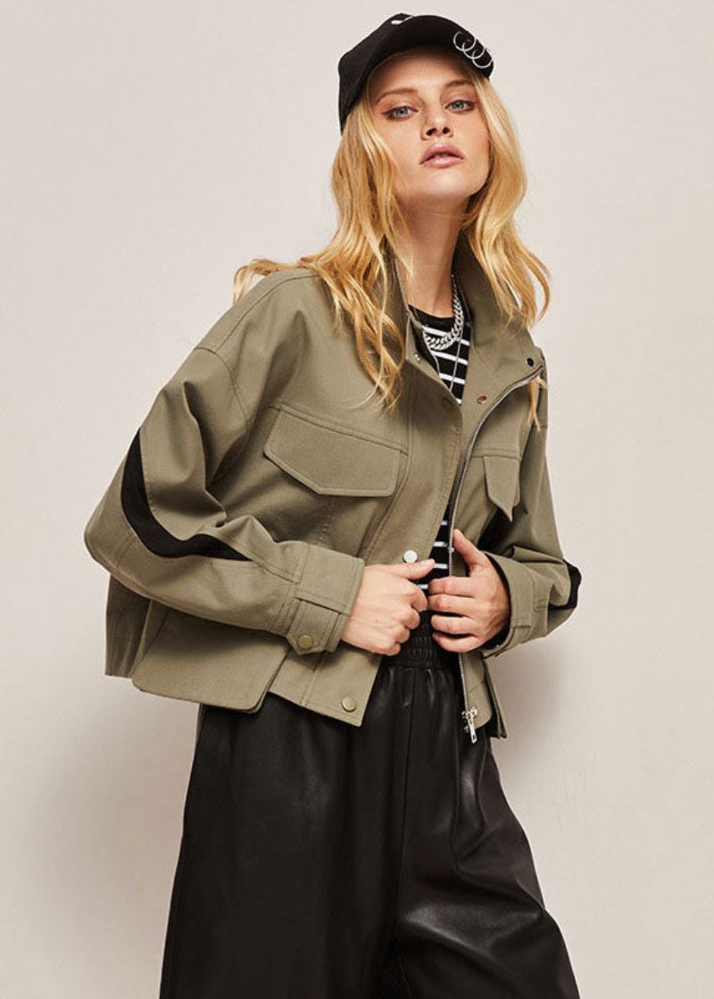 Boutique Khaki Stand Collar Oversized Patchwork Bomullsjakke Vår - Khaki