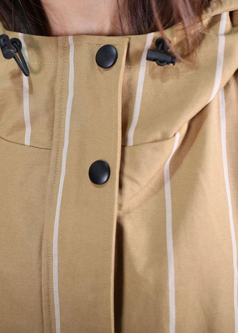 Boutique Kvinner Casual Kåper Fall Khaki Stripete Hette Glidelås Overfrakk - Trenchcoats for kvinner