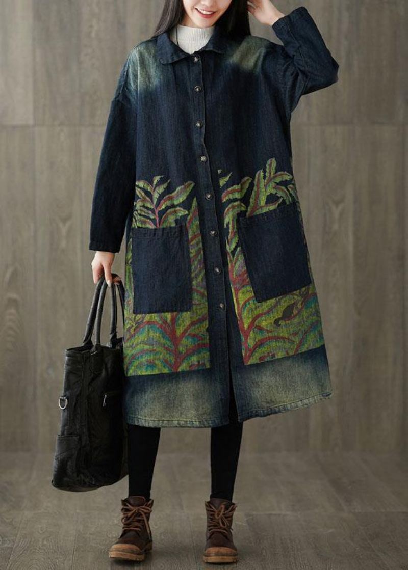 Boutique Navy Peter Pan Krage Lommer Knappetrykk Fall Denim Langermet Trench Coat - Trenchcoats for kvinner