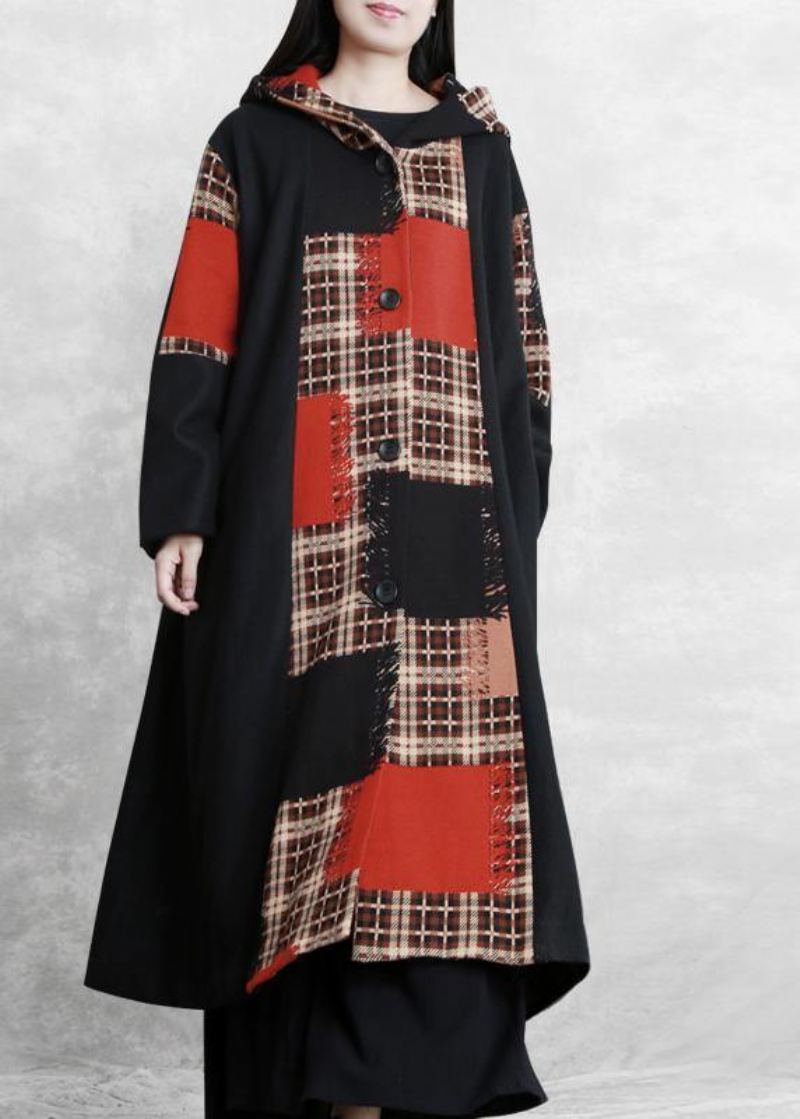 Boutique Oversized Lange Jakker Kåpe Svart Rutete Hette Patchwork Ullovertrekk - Trenchcoats for kvinner