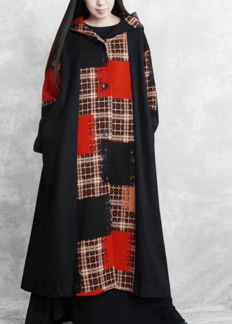 Boutique Oversized Lange Jakker Kåpe Svart Rutete Hette Patchwork Ullovertrekk - Trenchcoats for kvinner