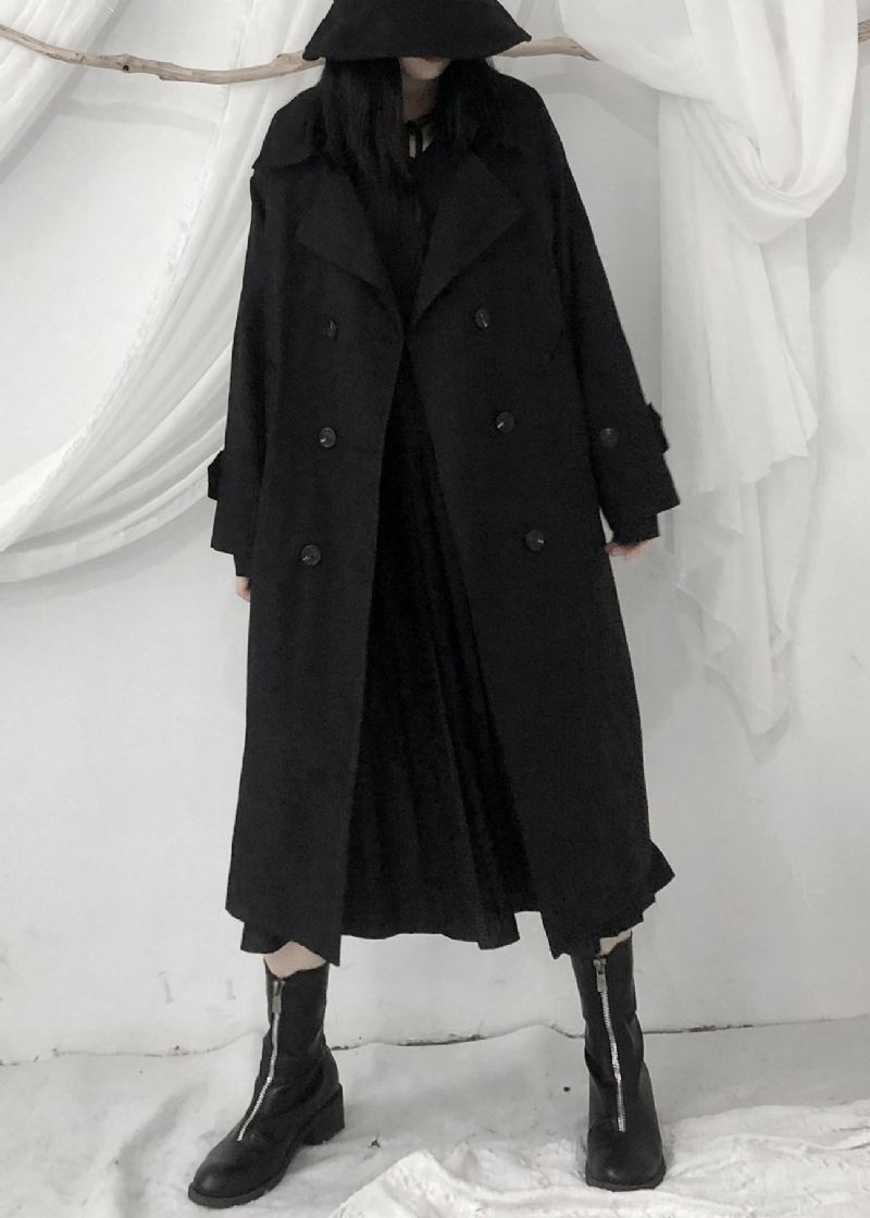 Boutique Svart Peter Pan Krage Sashes Button Lang Trench Coats Langermet - Trenchcoats for kvinner