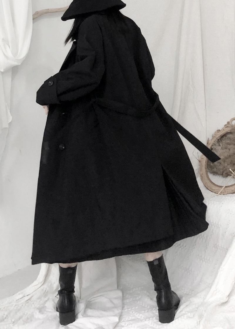 Boutique Svart Peter Pan Krage Sashes Button Lang Trench Coats Langermet - Trenchcoats for kvinner