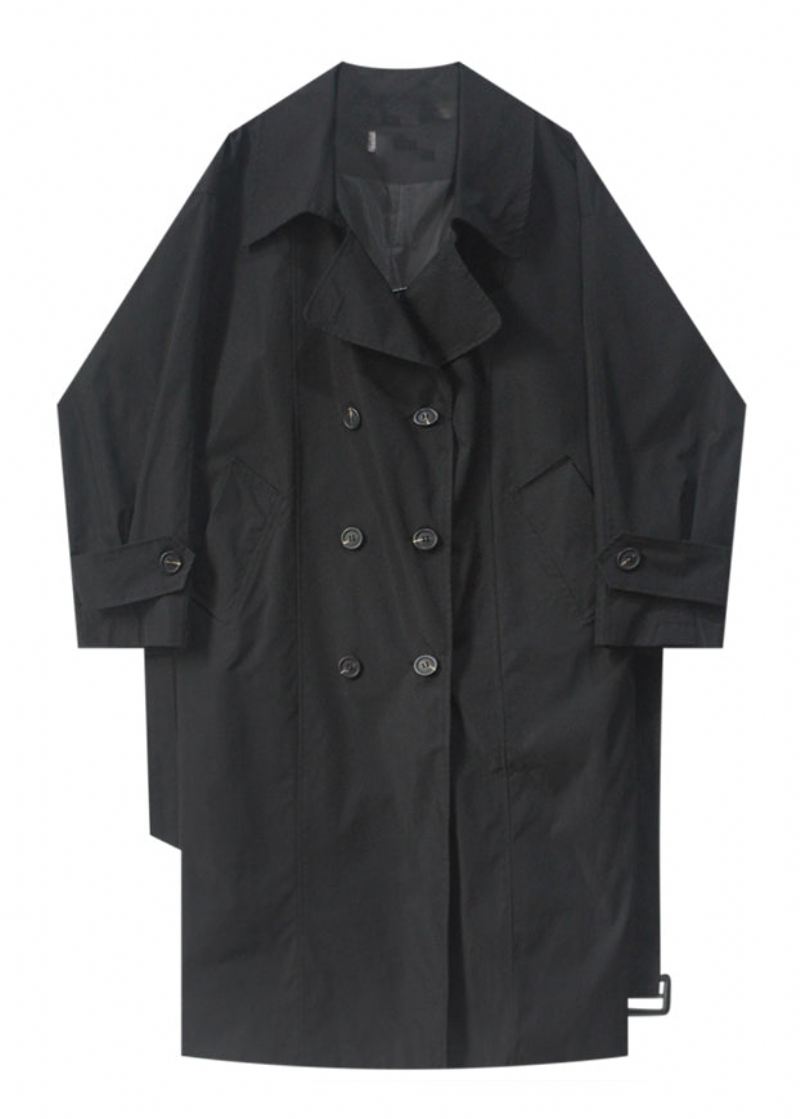 Boutique Svart Peter Pan Krage Sashes Button Lang Trench Coats Langermet - Trenchcoats for kvinner