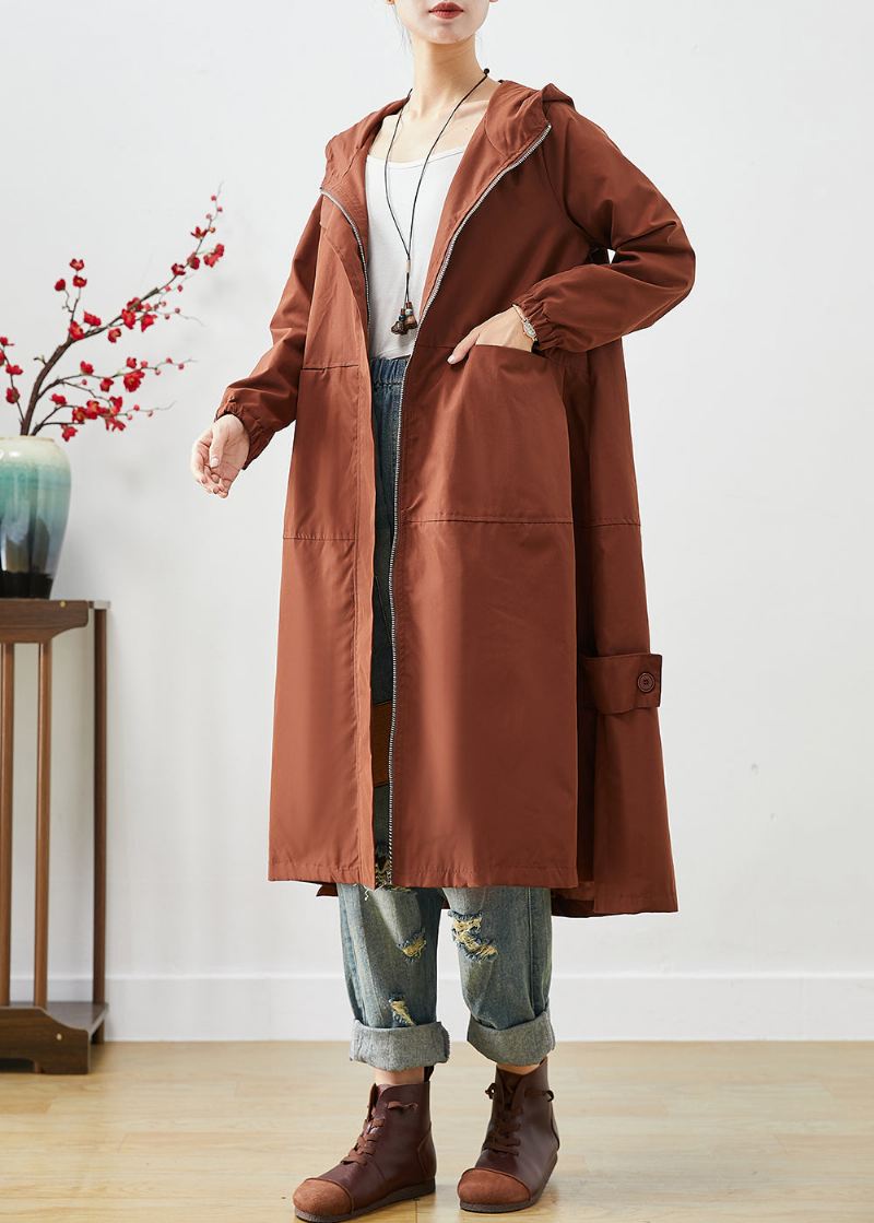 Brun Oversized Spandex Trench Hette Med Glidelås Fall